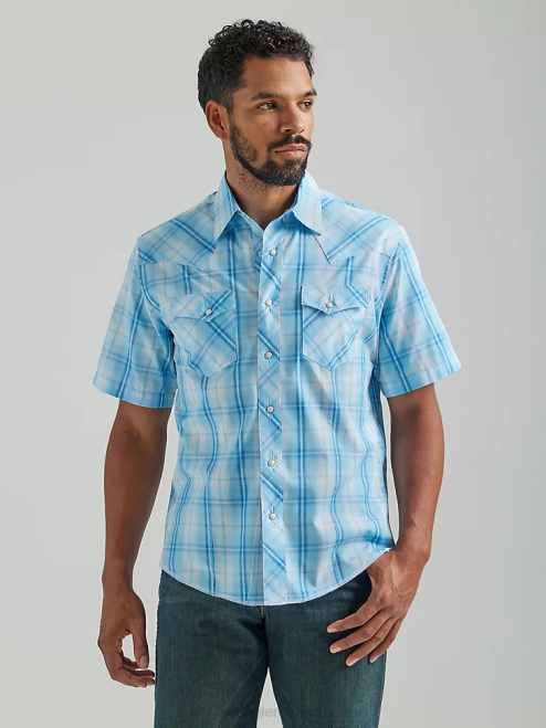 Wrangler Clothing Baby Blue (112324654) Men Fashion Snap Short Sleeve Western Snap Plaid Shirt 8V2H457