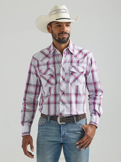 Wrangler Clothing Big Pink (112324837) Men 20X Competition Advanced Comfort Long Sleeve Two Pocket Western Snap Plaid Shirt 8V2H494