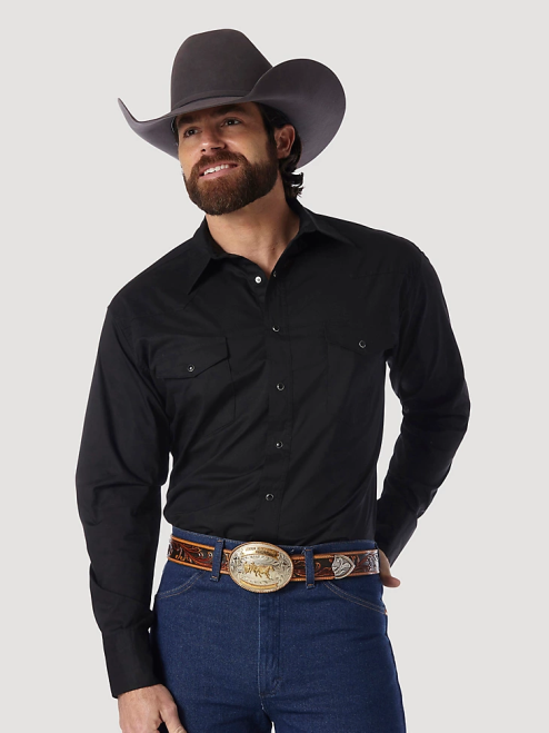 Wrangler Clothing Black (71105BK) Men Western Snap Shirt - Long Sleeve Solid Broadcloth 8V2H450