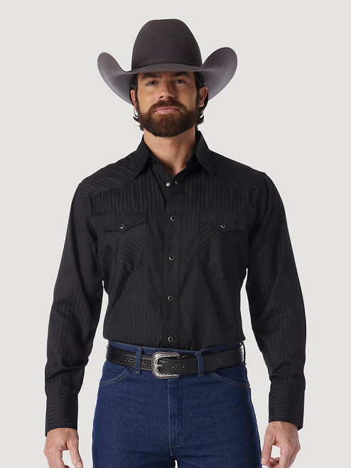Wrangler Clothing Black (75214BK) Men Western Long Sleeve Western Snap Dobby Stripe Shirt 8V2H465