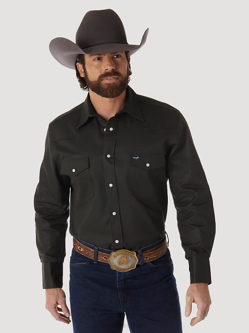 Wrangler Clothing Black Forest Green (MS70519) Men Cowboy Cut Firm Finish Long Sleeve Western Snap Solid Work Shirt 8V2H424