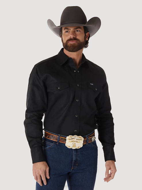 Wrangler Clothing Black (MS70819) Men Cowboy Cut Firm Finish Long Sleeve Western Snap Solid Work Shirt 8V2H425