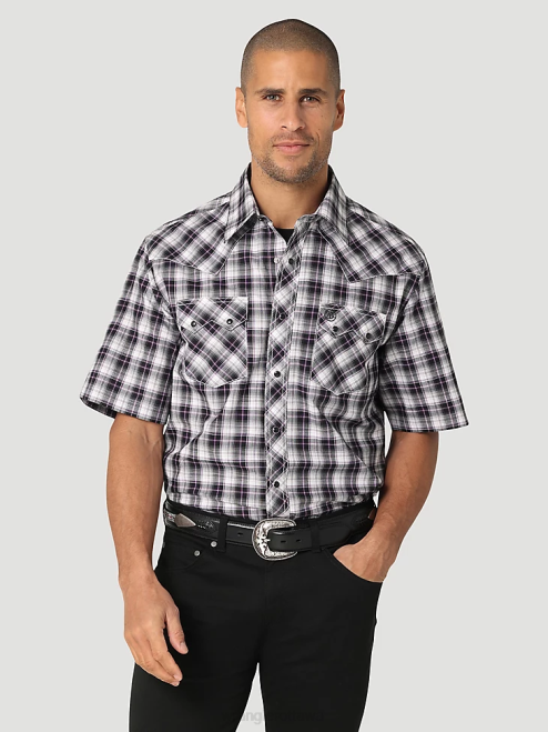 Wrangler Clothing Black White (112324673) Men Retro Short Sleeve Western Snap with Sawtooth Flap Pocket Plaid Shirt 8V2H428