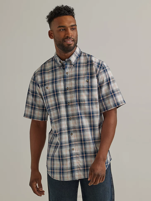 Wrangler Clothing Dark Navy (112325891) Men Rugged Wear Short Sleeve Easy Care Plaid Button-Down Shirt 8V2H343