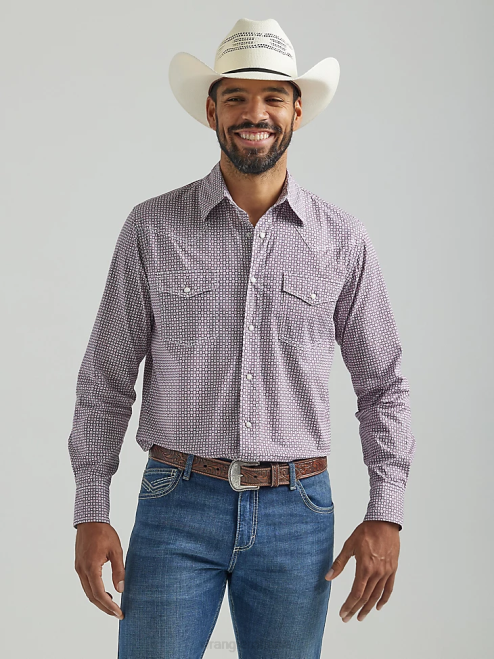 Wrangler Clothing Dark Pink (112324836) Men 20X Competition Advanced Comfort Long Sleeve Western Snap Print Shirt 8V2H483