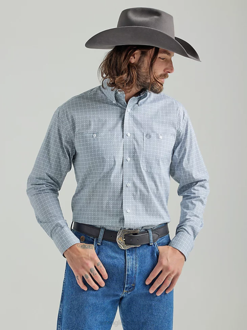 Wrangler Clothing Grey (112324885) Men George Strait Long Sleeve Two Pocket Button Down Print Shirt 8V2H367