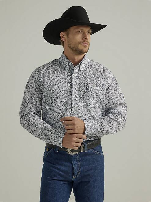 Wrangler Clothing Indigo Scroll (112328238) Men George Strait Long Sleeve Two Pocket Button Down Print Shirt 8V2H369