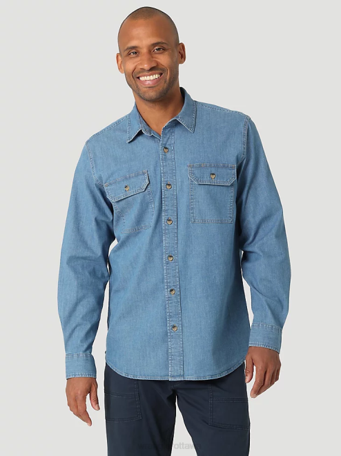 Wrangler Clothing Light Wash (112324398) Men Long Sleeve Twill/Denim Shirt 8V2H375