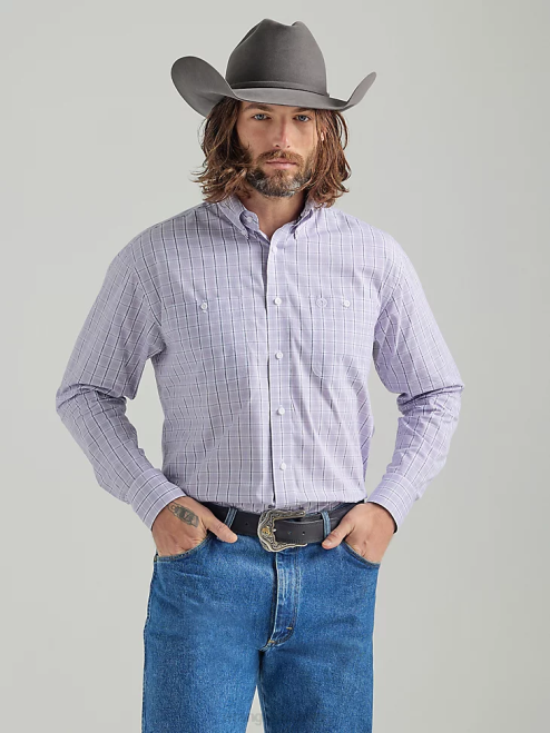 Wrangler Clothing Lilac (112324814) Men George Strait Long Sleeve Button Down Two Pocket Plaid Shirt 8V2H324