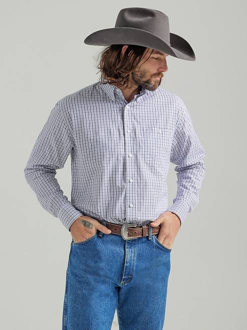 Wrangler Clothing Lilac (112324860) Men George Strait Long Sleeve Button Down One Pocket Plaid Shirt 8V2H316