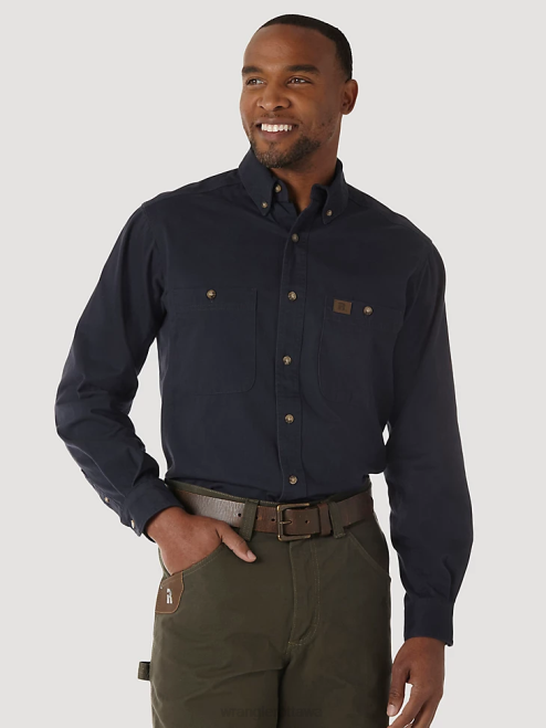 Wrangler Clothing Navy (3W501NV) Men RIGGS Workwear Long Sleeve Button Down Solid Twill Work Shirt 8V2H350