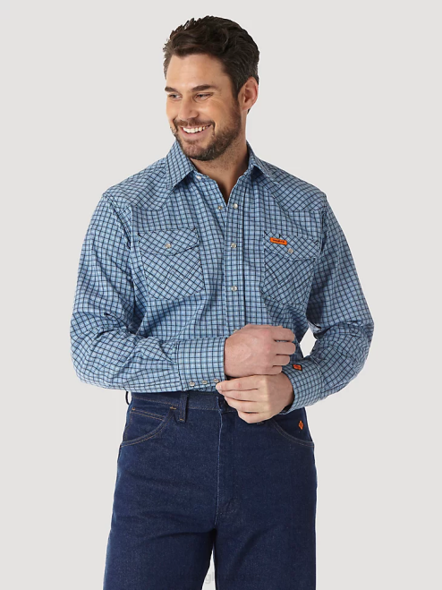 Wrangler Clothing Navy/Black (FR123BL) Men FR Flame Resistant Long Sleeve Western Snap Plaid Shirt 8V2H694