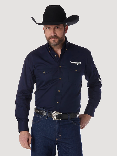 Wrangler Clothing Navy (MP2327N) Men Logo Long Sleeve Button Down Solid Shirt 8V2H395