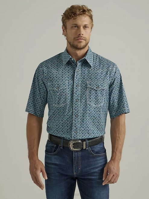 Wrangler Clothing Navy Twilight (112327799) Men 20X Competition Advanced Comfort Short Sleeve Western Snap Print Shirt 8V2H503