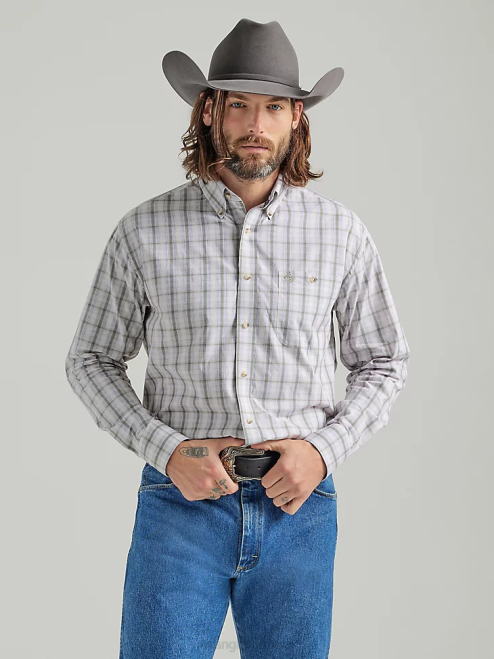 Wrangler Clothing Olive Green (112324876) Men George Strait Long Sleeve Button Down One Pocket Plaid Shirt 8V2H317