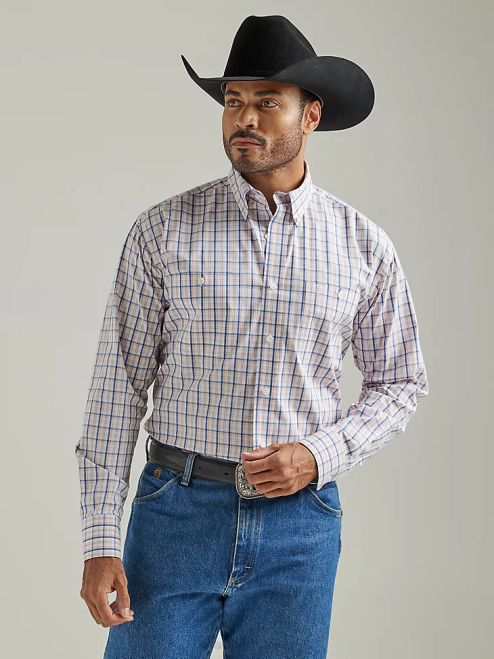 Wrangler Clothing Orange Peel Madras (112327839) Men George Strait Long Sleeve Button Down Two Pocket Plaid Shirt 8V2H326
