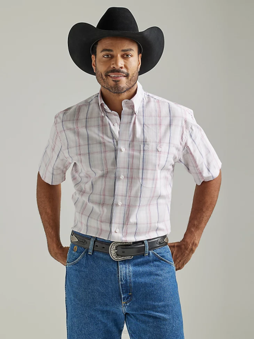 Wrangler Clothing Pastel Pink Plaid (112327817) Men George Strait Short Sleeve 1 Pocket Button Down Plaid Shirt 8V2H310