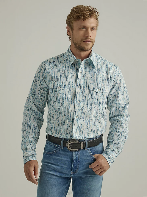 Wrangler Clothing Rainy Blue (112327797) Men 20X Competition Advanced Comfort Long Sleeve Western Snap Print Shirt 8V2H490