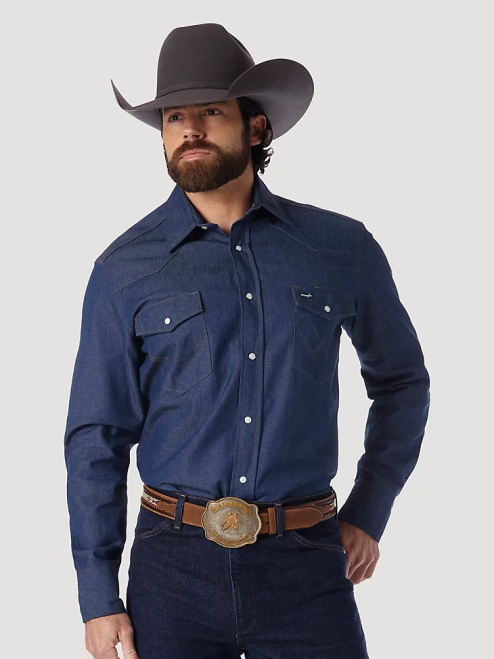 Wrangler Clothing Rigid Indigo (70127MW) Men Cowboy Cut Work Western Rigid Denim Long Sleeve Shirt 8V2H439