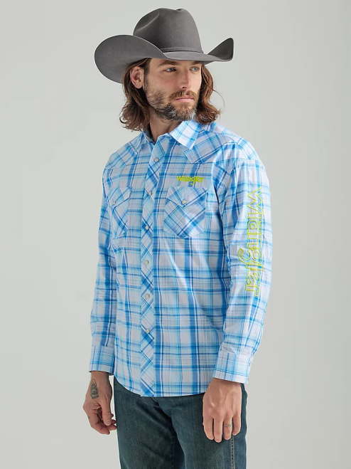 Wrangler Clothing Sea Blue (112324644) Men Logo Long Sleeve Western Snap Plaid Shirt 8V2H497