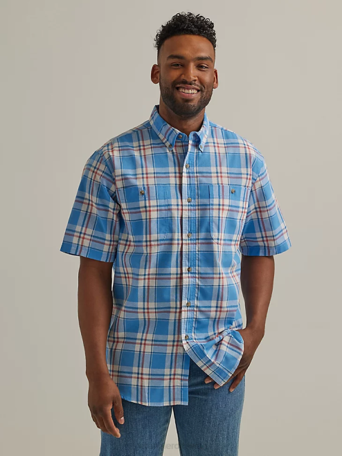 Wrangler Clothing Sea Blue (112325898) Men Rugged Wear Short Sleeve Easy Care Plaid Button-Down Shirt 8V2H344