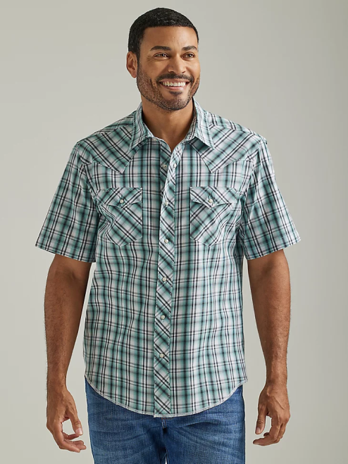 Wrangler Clothing Sea Green (112326468) Men Fashion Snap Short Sleeve Western Snap Plaid Shirt 8V2H461