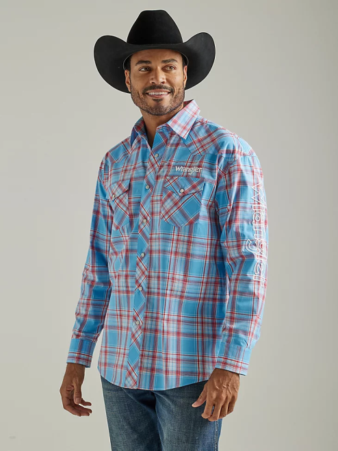 Wrangler Clothing Sunny Blue (112327776) Men Logo Long Sleeve Western Snap Plaid Shirt 8V2H498