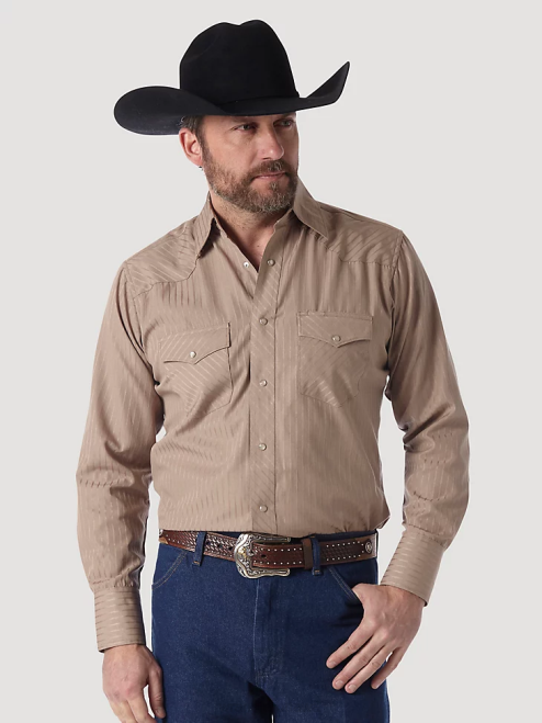 Wrangler Clothing Tan (Dark) (75742TN) Men Western Long Sleeve Western Snap Dobby Stripe Shirt 8V2H464