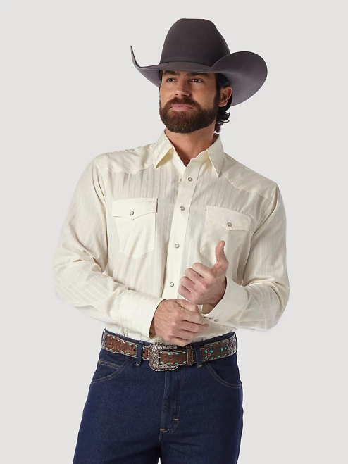 Wrangler Clothing Tan (Light) (75226TN) Men Western Long Sleeve Western Snap Dobby Stripe Shirt (Dark) 8V2H467