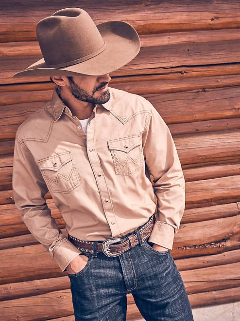 Wrangler Clothing Tan (MVR502T) Men Contrast Trim Western Two Snap Flap Pocket Shirt 8V2H437