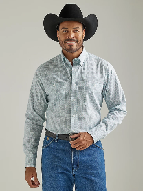 Wrangler Clothing Teal Chain (112327837) Men George Strait Long Sleeve Two Pocket Button Down Print Shirt 8V2H370