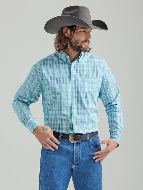 Wrangler Clothing Teal Floral (112324879) Men George Strait Long Sleeve Button Down One Pocket Plaid Shirt 8V2H315