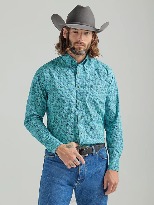 Wrangler Clothing Teal Flowers (112324889) Men George Strait Long Sleeve Two Pocket Button Down Print Shirt 8V2H368
