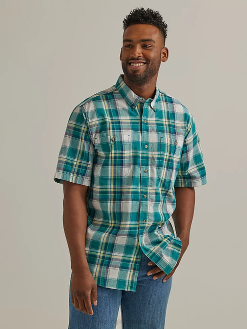 Wrangler Clothing Variable Teal (112325890) Men Rugged Wear Short Sleeve Easy Care Plaid Button-Down Shirt 8V2H345