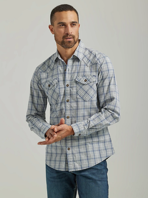 Wrangler Clothing Vintage Indigo (112330911) Men Cowboy Wash Plaid Shirt 8V2H414