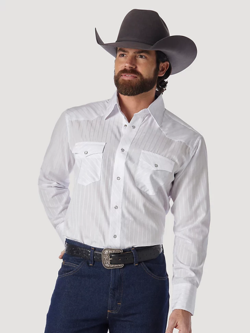 Wrangler Clothing White (75221WH) Men Western Long Sleeve Western Snap Dobby Stripe Shirt 8V2H469