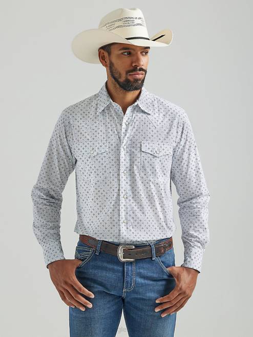 Wrangler Clothing White Blue (112324830) Men 20X Competition Advanced Comfort Long Sleeve Western Snap Print Shirt 8V2H482
