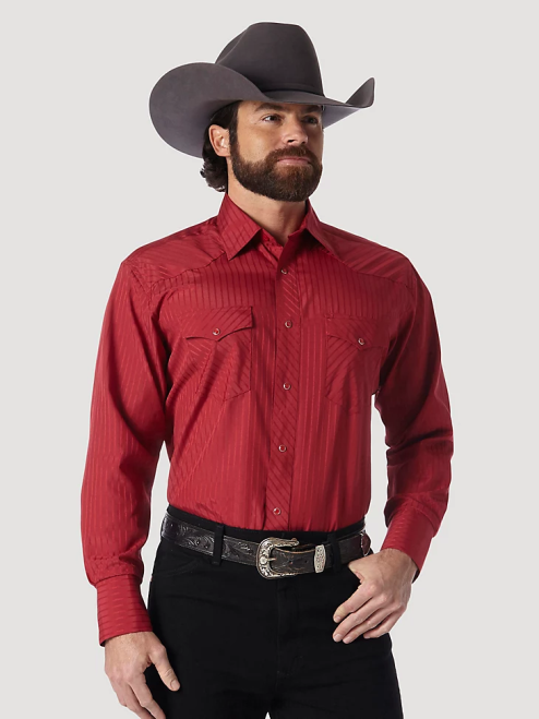 Wrangler Clothing Wine (75740WN) Men Western Long Sleeve Western Snap Dobby Stripe Shirt 8V2H468