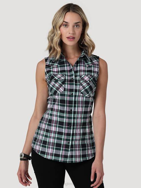 Wrangler Clothing Deep Green (112330047) Women Retro Sleeveless Plaid Western Snap Top 8V2H897