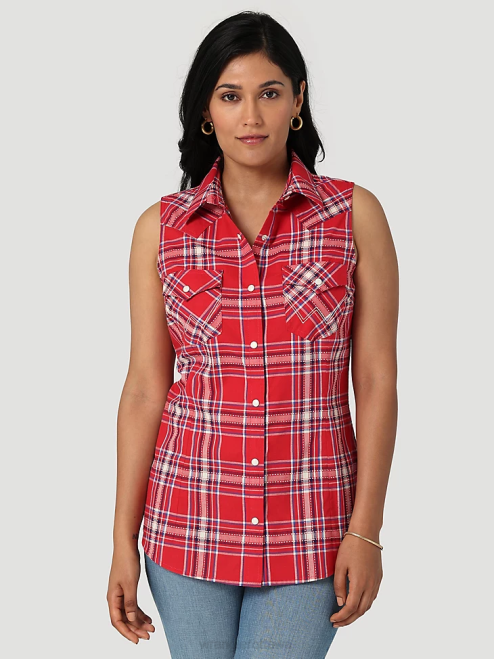 Wrangler Clothing Pop Red (112329682) Women Retro Sleeveless Plaid Western Snap Top 8V2H896
